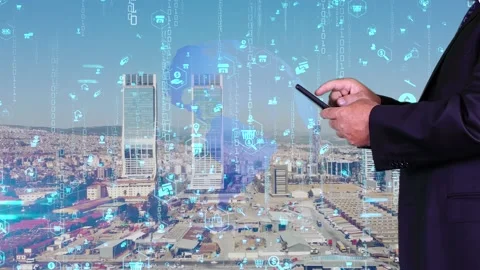 Mobile communication network concept. Man using a smart .online shopping Stock Footage 198410876