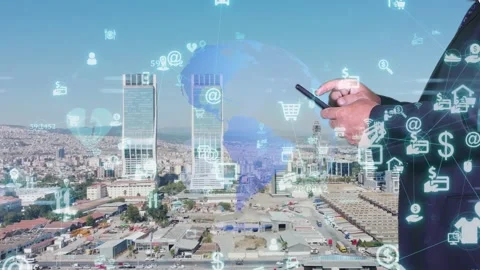 Mobile communication network concept. Man using a smart .online shopping Stock Footage 198410992