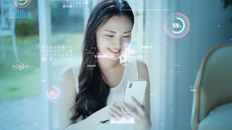 Mobile communication technology concept. Young asian woman using a smart phone.  Stock Footage 151494980