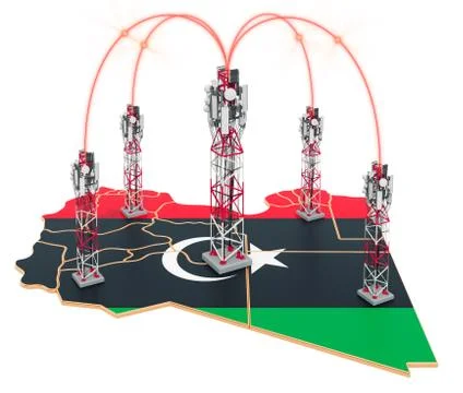 Mobile communications in Libya, cell towers on the map. 3D rendering Stock Illustration