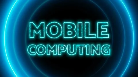 Mobile computing text with neon glowing circle on a dark background. Stock Illustration