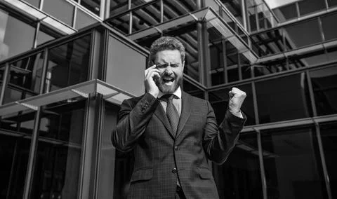 Mobile connection technology. communication. angry businessman speak on Stock Photos