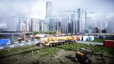 Mobile construction crane. Construction of a large industrial building or Ilustración de archivo