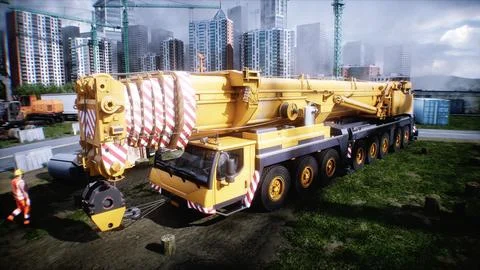 Mobile construction crane. Construction of a large industrial building or Ilustración de archivo