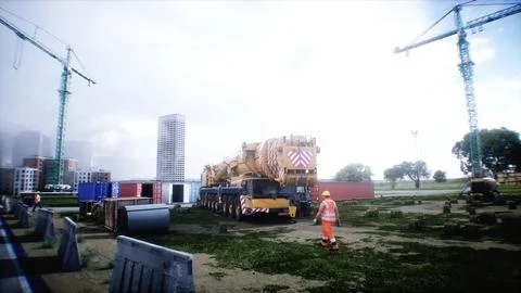 Mobile construction crane. Construction of a large industrial building or Ilustración de archivo