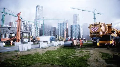 Mobile construction crane. Construction of a large industrial building or Ilustración de archivo