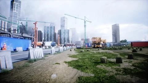 Mobile construction crane. Construction of a large industrial building or Ilustración de archivo