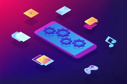 Mobile content isometric 3D concept illustration. Stock Illustration