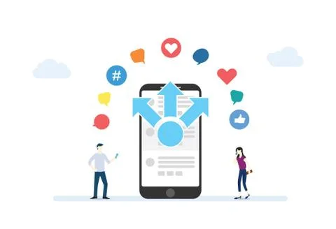 Mobile content sharing concept with smartphone and social media apps icon wit Stock Illustration