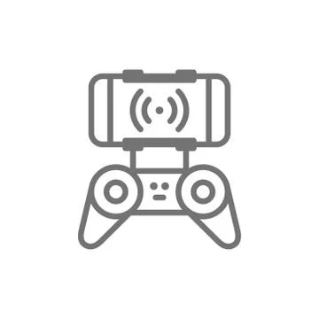 Mobile control panel for drone with radio waves, remote controller line icon. Stock Illustration