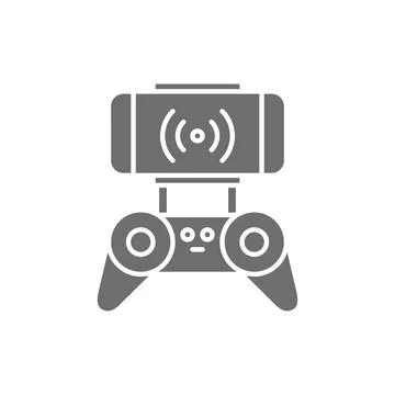 Mobile control panel for drone with radio waves, remote controller grey icon. Stock Illustration