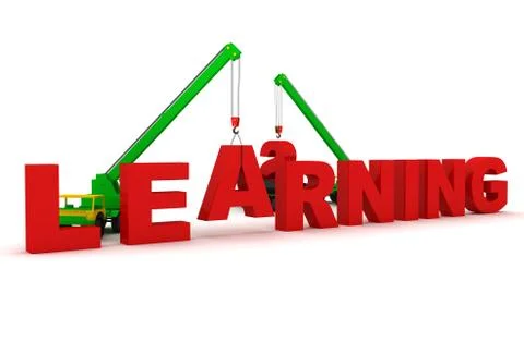 Mobile crane builds the text Learning Stock Illustration