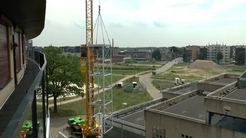 Mobile Crane Operator Lifting And Positioning The Elevator Shaft Video stock 102227106