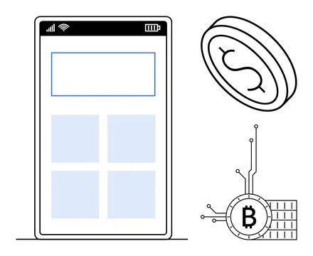 Mobile Cryptocurrency Wallet Interface with Dollar and Bitcoin Coins イラスト素材