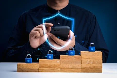 Mobile cybersecurity concept with smartphone protected by digital shield an.. Stock Photos