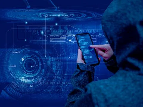 Mobile cybersecurity  developer analyzing code in virtual interface Stock Photos