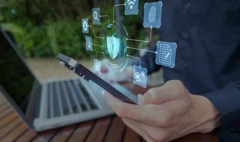 Mobile Cybersecurity Interface with Data Protection Icons Stock Photos