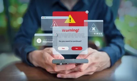 Mobile Cybersecurity Threats, Virus Alerts and Phishing Warnings on Smartphone Stock Photos