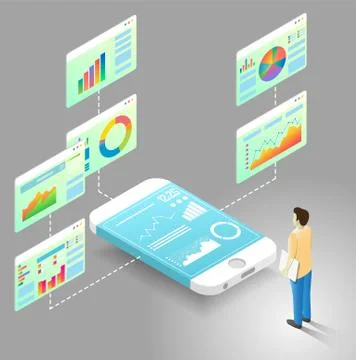 Mobile data analytics vector isometric flowchart Stock Illustration