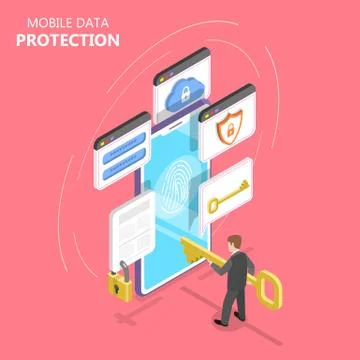 Mobile data protection isometric flat vector concept. Stock Illustration