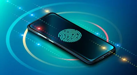 Mobile data security concept. Smartphone with fingerprint scanner. Internet 스톡 일러스트