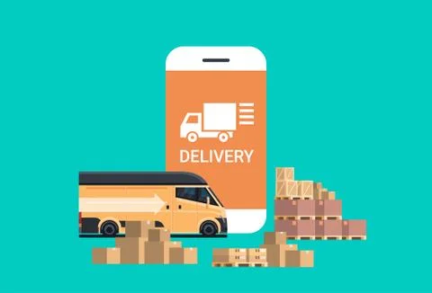 Mobile delivery application cargo minivan loading parcel packages box Stock Illustration