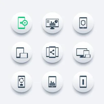 Mobile, desktop apps icons set, vector pictograms with smartphones and tablet Illustrazione stock