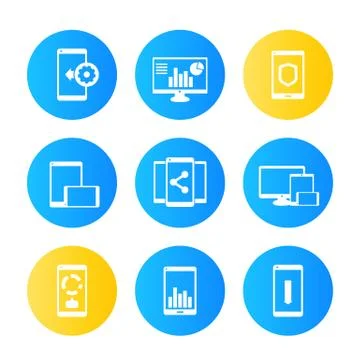 Mobile, desktop apps icons set, pictograms with smartphones and tablets Stock Illustration