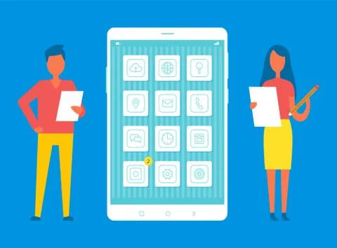 Mobile Developers by Big Phone Vector Illustration Stock Illustration