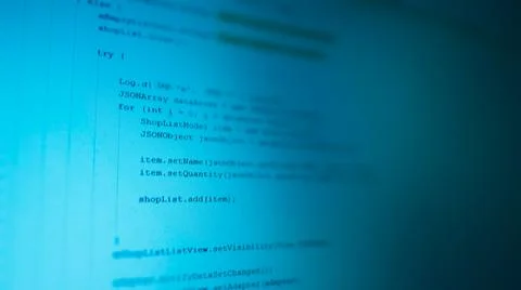 Mobile development code background. Blue monitor with programming screen. 스톡 사진