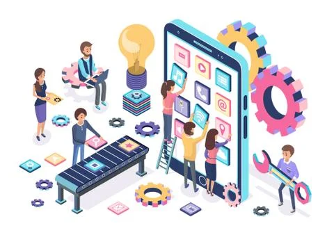 Mobile Development Process Banner with Developers 스톡 일러스트