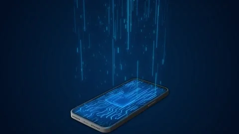 Mobile device digital transfer visual cyan vertical beams, circuit screen detail Stock Footage 340548683