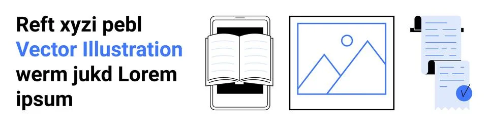 Mobile device displaying open book, framed landscape image, and stack of docu Stock Illustration