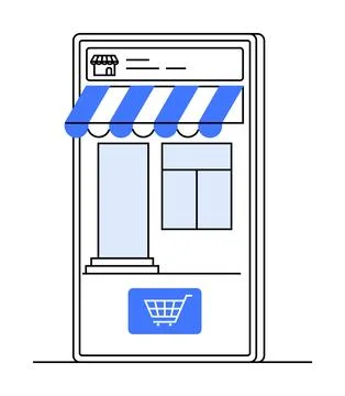 A mobile device displays an online storefront with a blue and white striped a Illustrazione stock