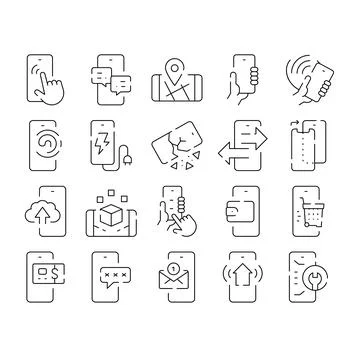 Mobile device functions line icons digital communications Stock Illustration