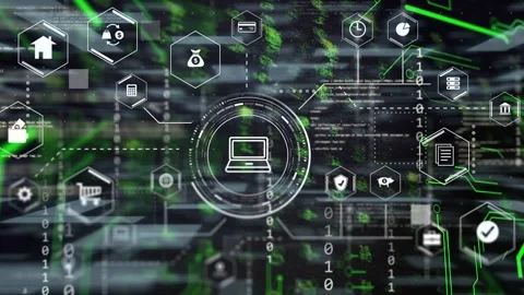 Mobile device initiating shift to laptop HUD, rings rotating, hex icons linking, Stock Footage 334729261