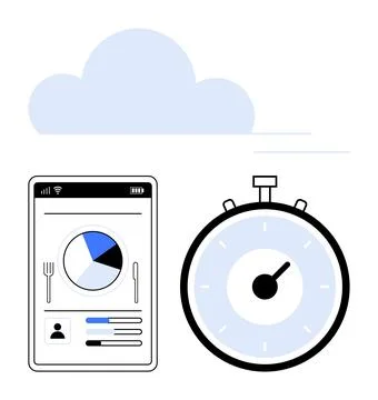 Mobile device with pie chart user data stopwatch and cloud. Ideal for health, Stock Illustration