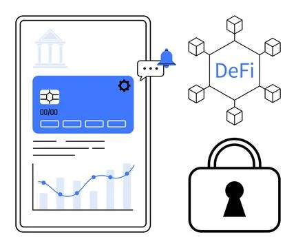 Mobile device screen with financial card, notification bell, DeFi icon, chart Stock Illustration