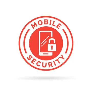 Mobile device security icon with padlock and smartphone symbol stamp. Stock Illustration