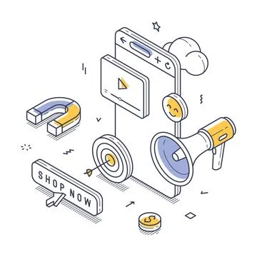 Mobile device showcasing a video ad surrounded by marketing elements, such as Illustrazione stock