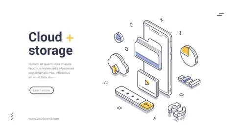 Mobile device surrounded by cloud storage icons, charts, and graphics, repres Stock Illustration