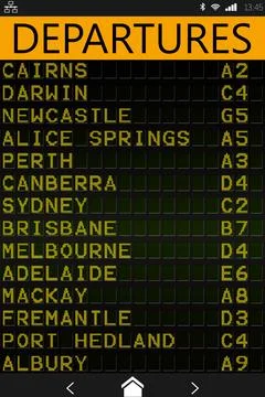 Mobile device UI is showing flat design digital departures board with city Stock Illustration