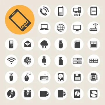 Mobile devices , computer and network connections icons set. Stock Illustration