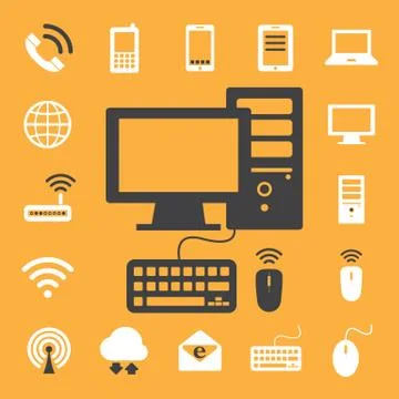Mobile devices , computer and network connections icons set. illustration Stock Illustration