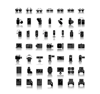 Mobile devices drop shadow black glyph icons set. Handheld electronic gadgets Illustrazione stock