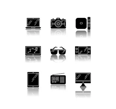 Mobile devices drop shadow black glyph icons set. Pocket electronic gadgets Stock Illustration