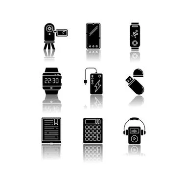 Mobile devices drop shadow black glyph icons set. Pocket electronic gadgets Illustrazione stock