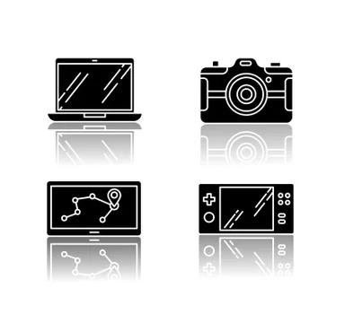 Mobile devices drop shadow black glyph icons set. Pocket electronic gadgets Stock Illustration
