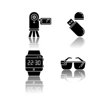 Mobile devices drop shadow black glyph icons set. Pocket electronic gadgets Illustrazione stock