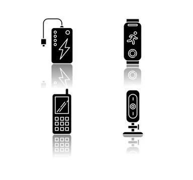 Mobile devices drop shadow black glyph icons set. Pocket electronic gadgets Stock Illustration